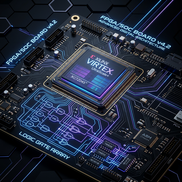 Dark themed digital electronics circuit board illustration with IC chip, logic gates, and FPGA patterns